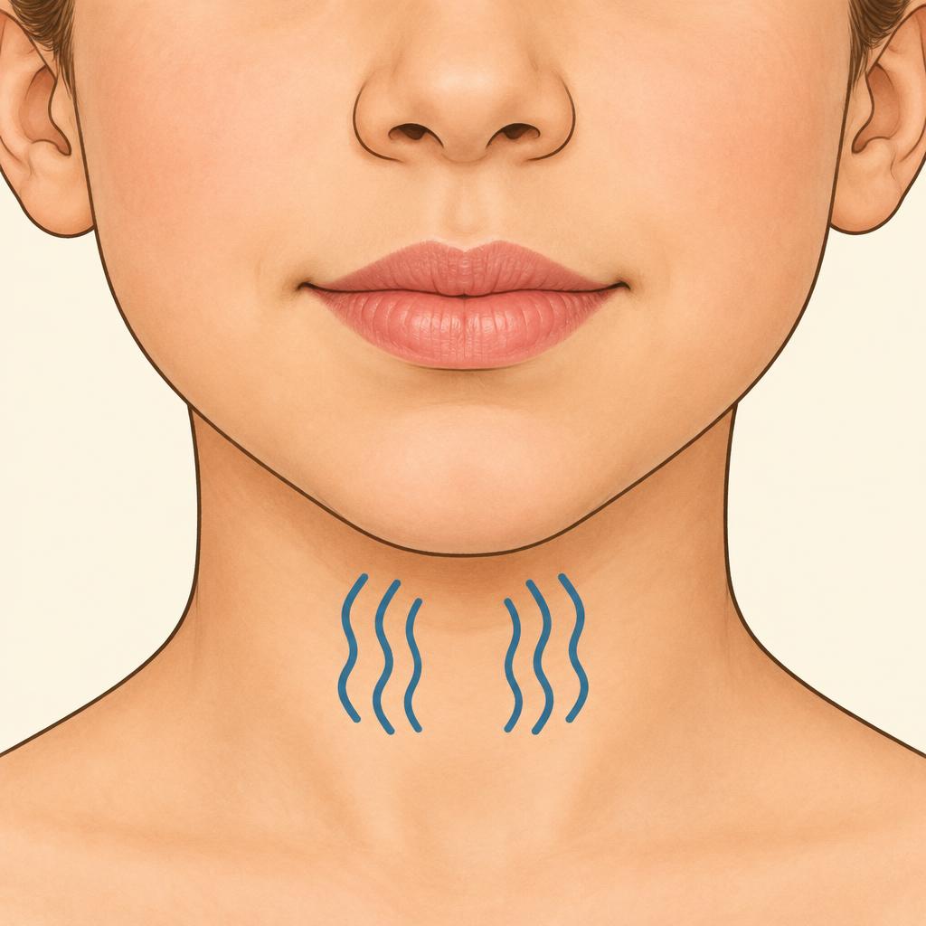 Front view: lips closed together, wavy lines at the neck show the voice is on.