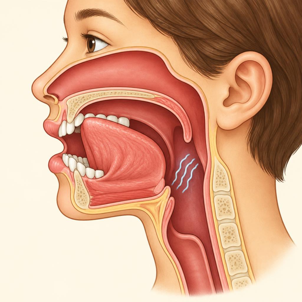 Side cutaway: tongue tip touches the ridge behind the upper teeth, wavy lines in the throat show the voice is on.