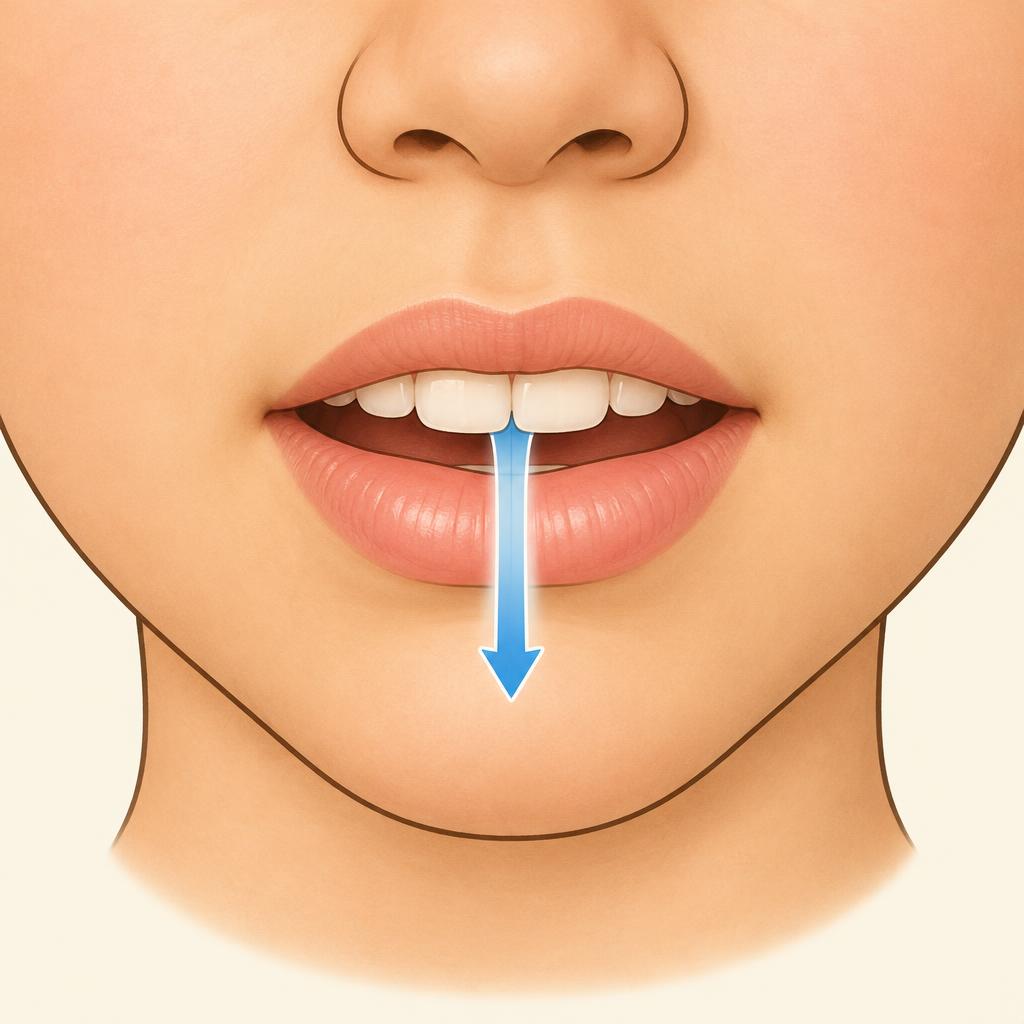 Front view: upper teeth rest on the lower lip, air streams out between them.