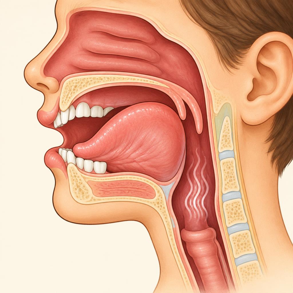 Side cutaway: back of the tongue touches the soft palate, wavy lines in the throat show the voice is on.