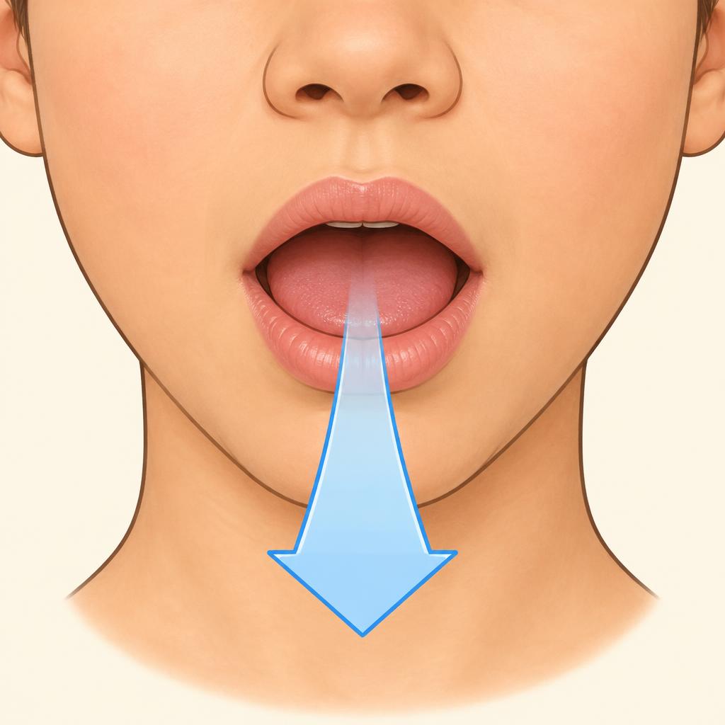 Front view: mouth open and relaxed, gentle breath flowing out.