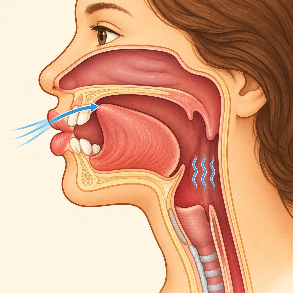 Side cutaway: tongue blade closes behind the ridge and releases into air, the throat shows voicing.