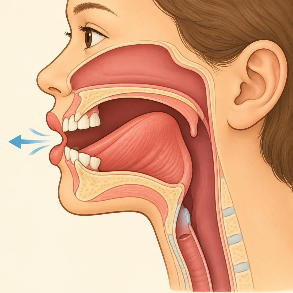 Side cutaway: back of the tongue touches the soft palate, tongue tip stays low, a puff releases forward.