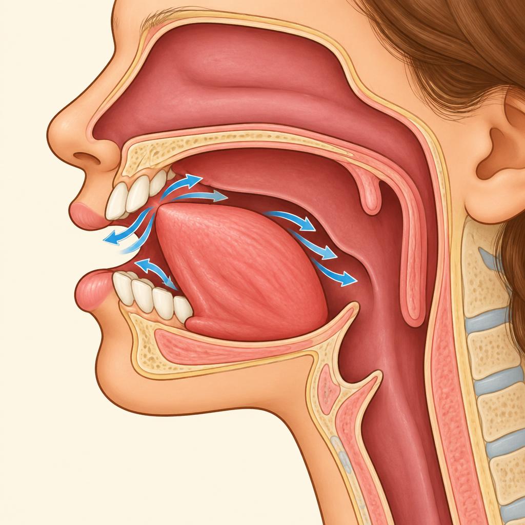 Side cutaway: tongue tip touches the ridge, air flows out around the sides of the tongue.