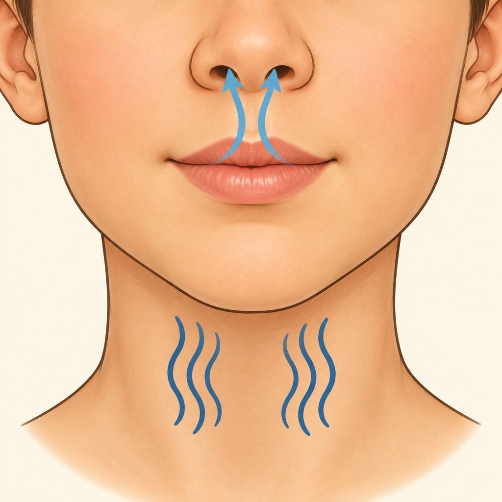 Front view: lips closed, arrows show air humming out through the nose.