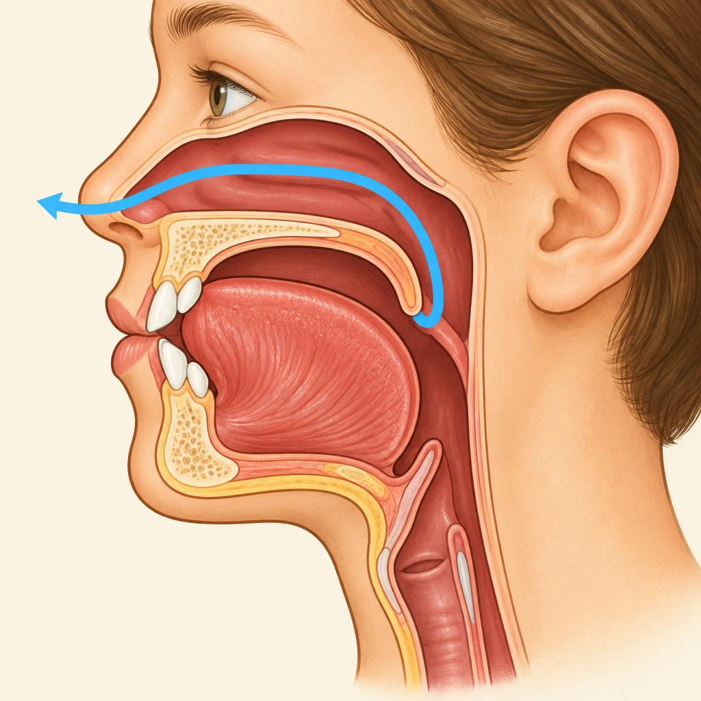 Side cutaway: tongue tip seals the ridge behind the upper teeth, air flows out through the nose.