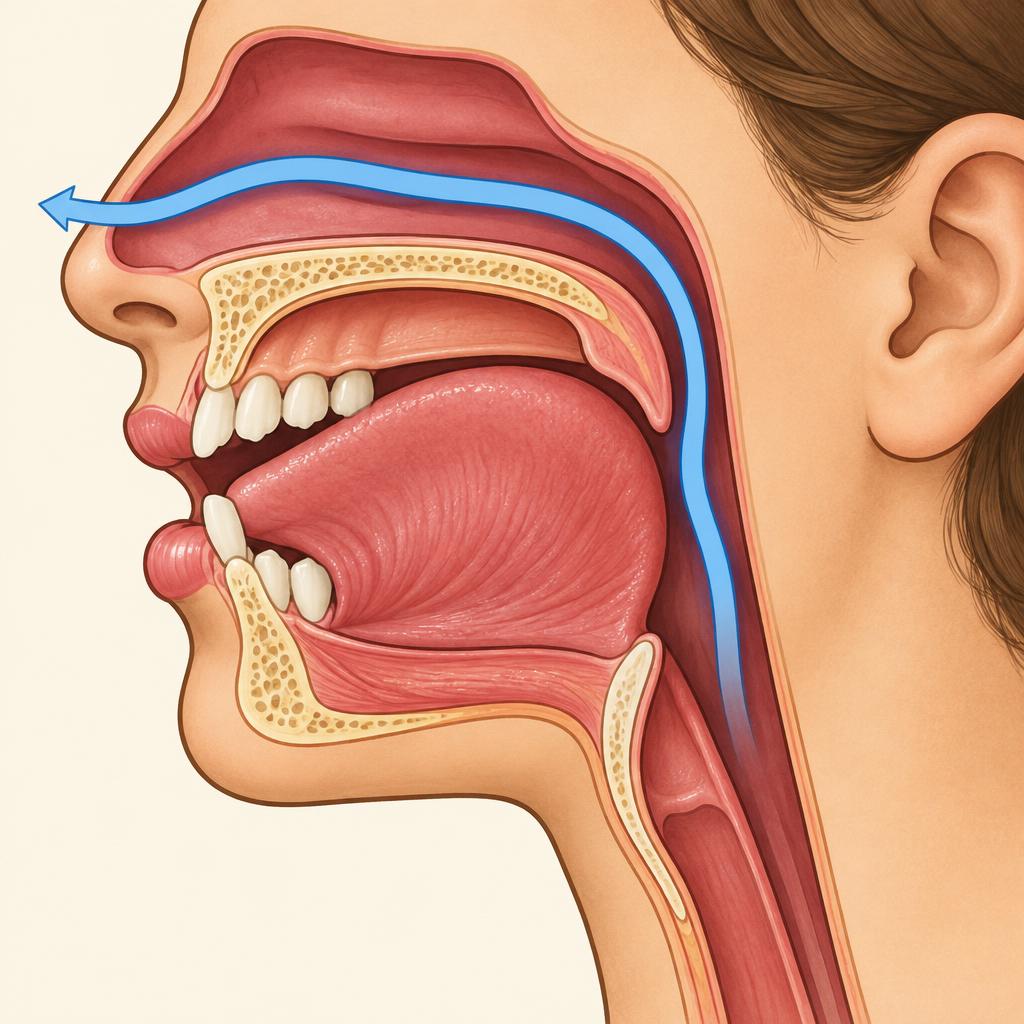 Side cutaway: back of the tongue seals the soft palate, air flows out through the nose.