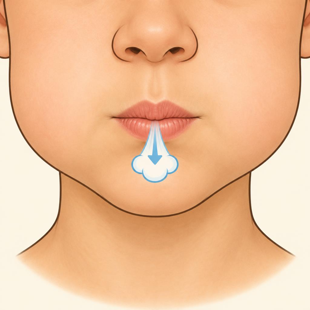 Front view: lips closed together, a puff of air releasing from the lips.