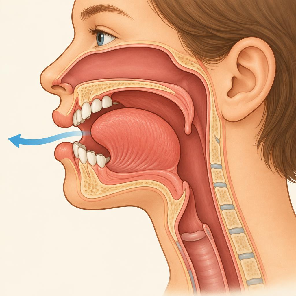 Side cutaway: tongue bunched up high in the middle of the mouth, tip down, not touching the palate.