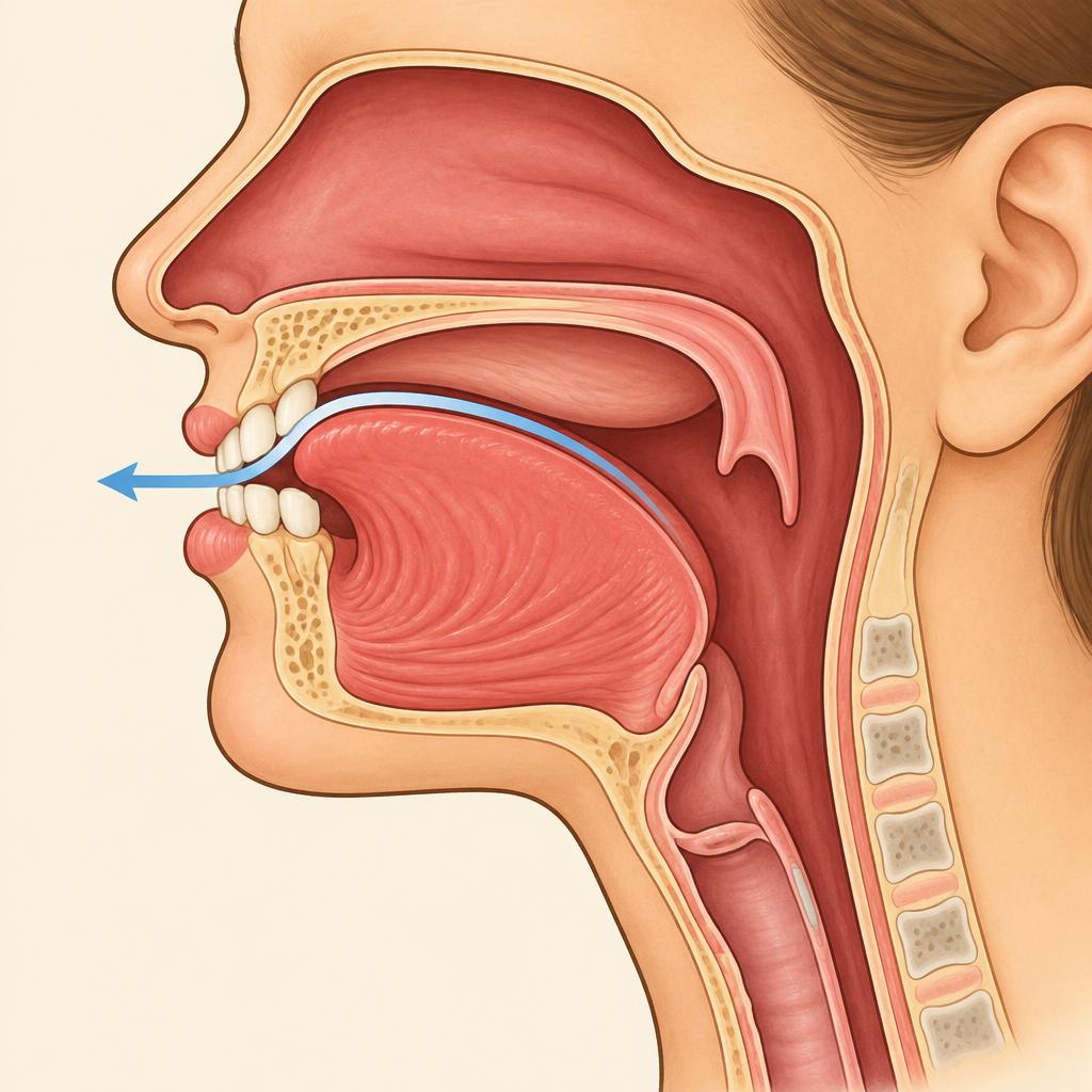 Side cutaway: tongue blade close to the ridge makes a narrow channel, a thin stream of air flows out between nearly closed teeth.