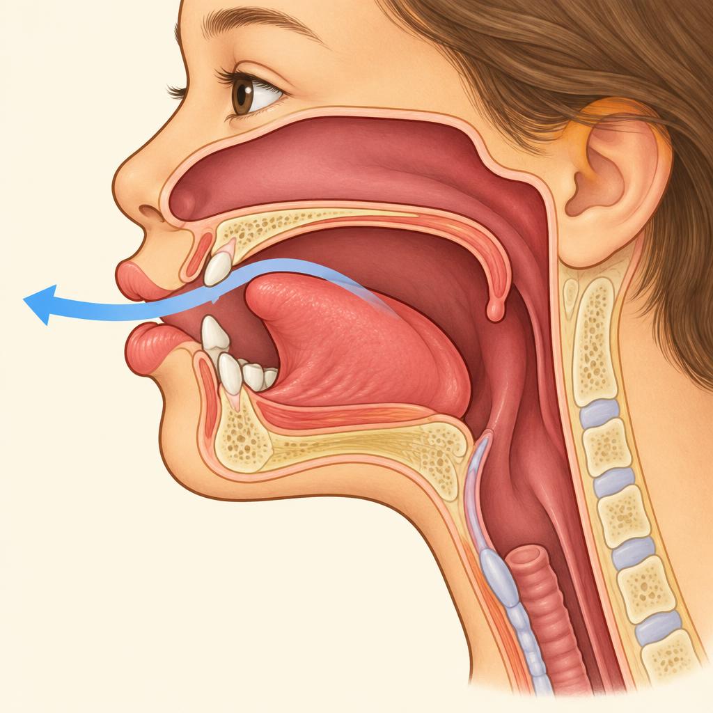 Side cutaway: lips slightly rounded, tongue blade raised behind the ridge, a wide gentle stream of air flows out.