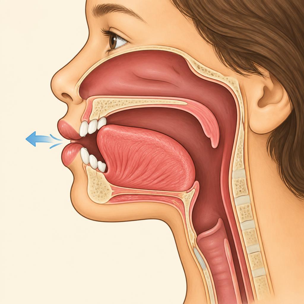Side cutaway: tongue tip touches the ridge behind the upper teeth, a puff of air releases forward.