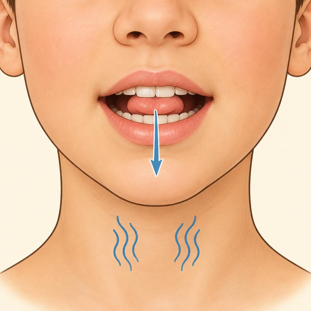 Front view: tongue tip between the front teeth, air flows and the neck shows the voice buzzing.