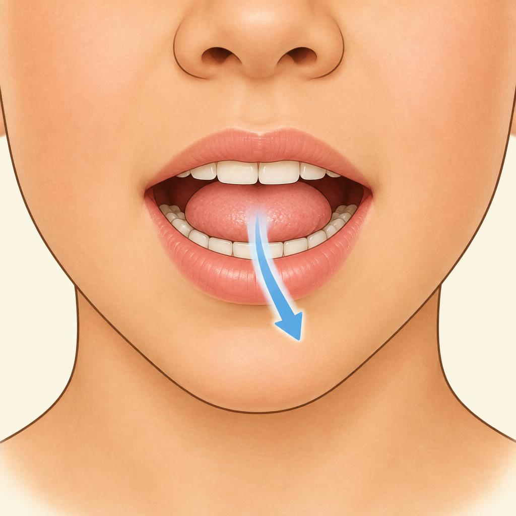 Front view: tongue tip rests lightly between the front teeth, gentle air flows out.