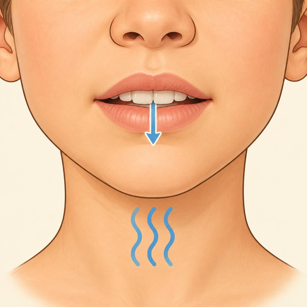 Front view: upper teeth on the lower lip, air flows out and the neck shows the voice buzzing.