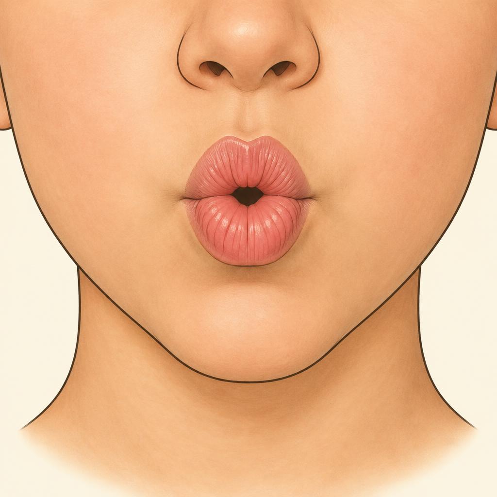 Front view: lips pushed forward into a small tight circle.