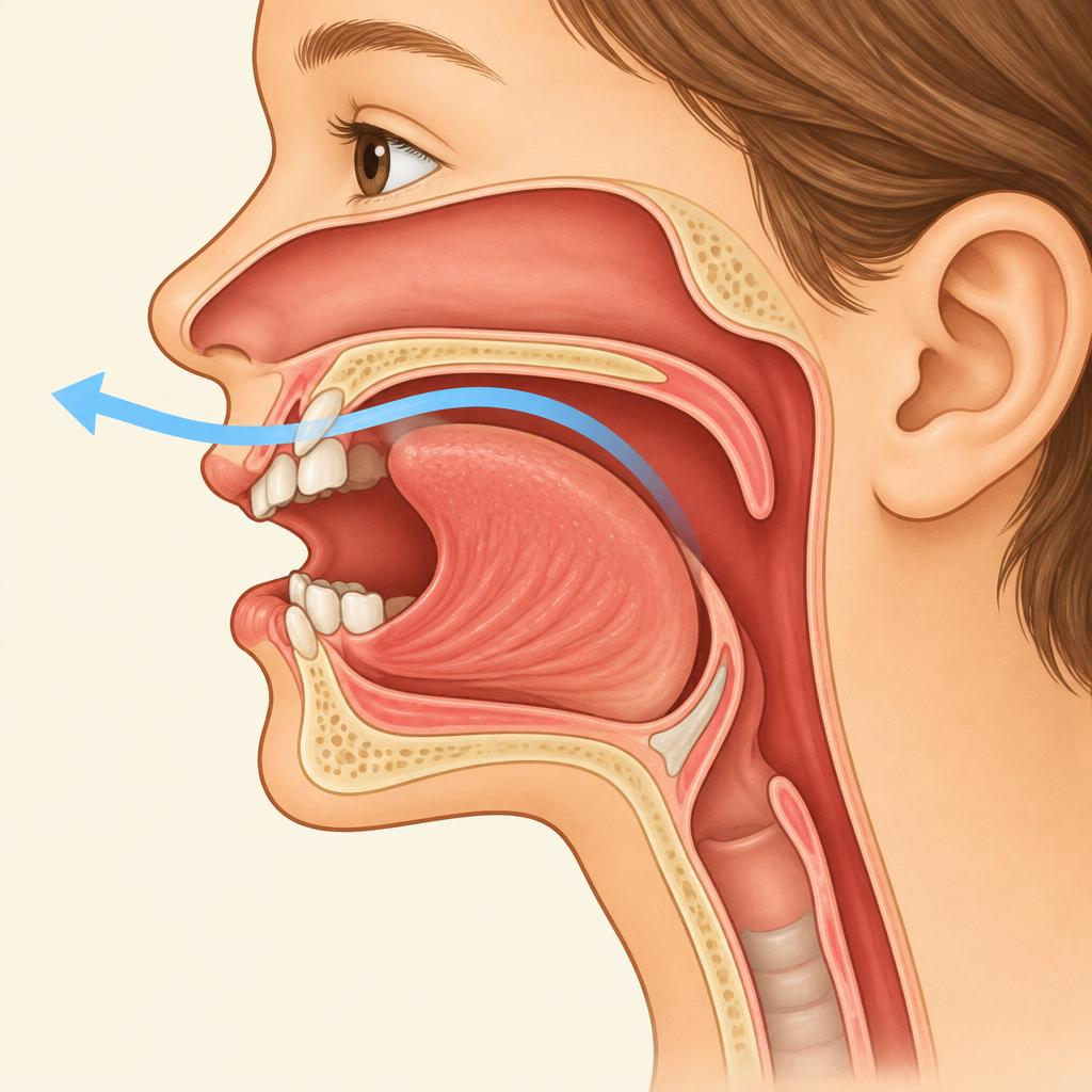 Side cutaway: front of the tongue raised high towards the hard palate without touching it, air flows gently out.