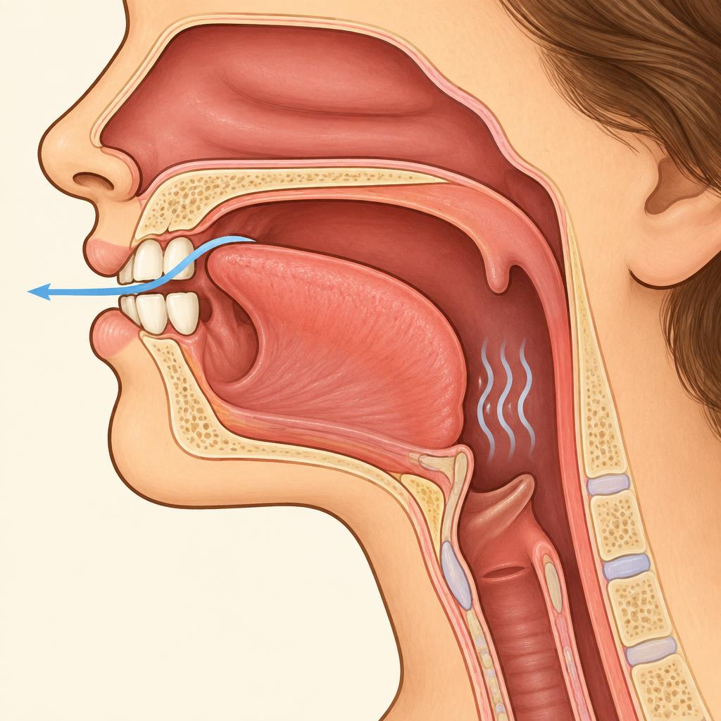 Side cutaway: narrow air channel near the ridge, air flows out and the throat shows voicing.