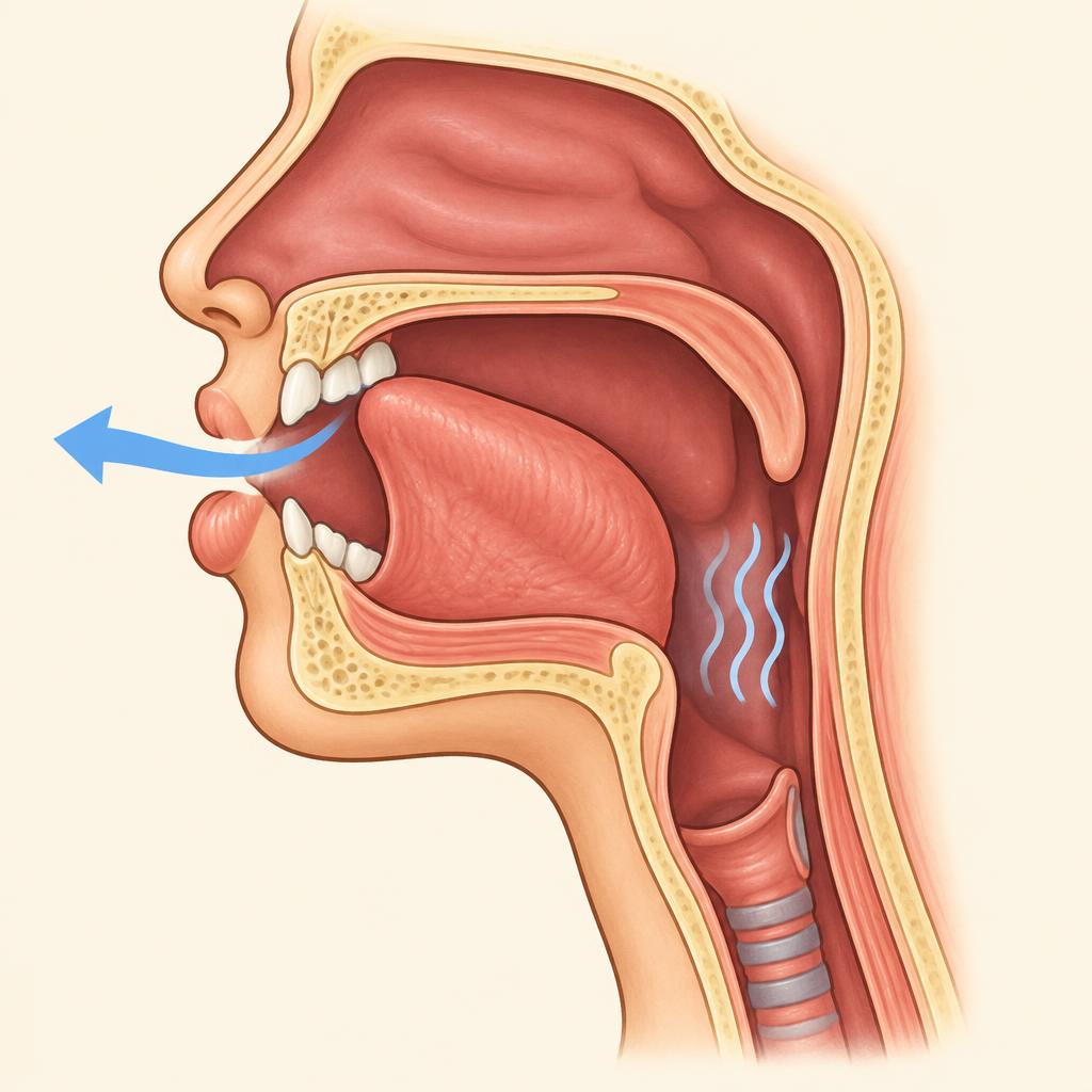 Side cutaway: lips slightly rounded, tongue blade raised behind the ridge, air flows and the throat shows voicing.